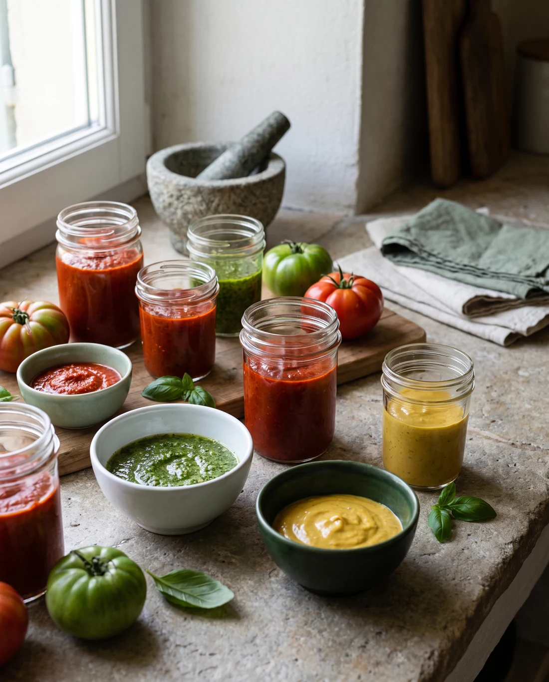 Tarros sin etiqueta con salsas, imagen ilustrativa.